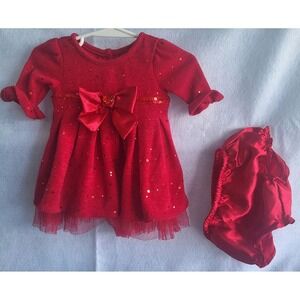 youngland baby doll newborn dress 3/6 red sparkly with bow dressy